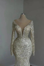 Beautiful Long Mermaid White V-neck Lace Glitter Prom Dresses With Long Sleeves by misshow.com