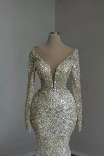 Beautiful Long Mermaid White V-neck Lace Glitter Prom Dresses With Long Sleeves by misshow.com