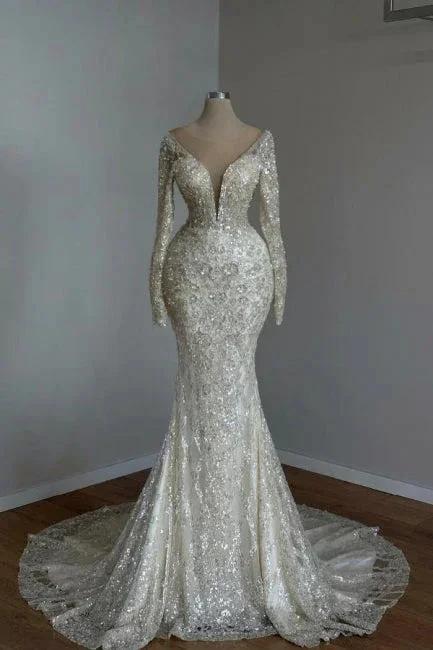 Beautiful Long Mermaid White V-neck Lace Glitter Prom Dresses With Long Sleeves by misshow.com