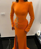 Beautiful Long Orange Mermaid High Neck Satin Long Sleeves Prom Dress With Slit by misshow.com