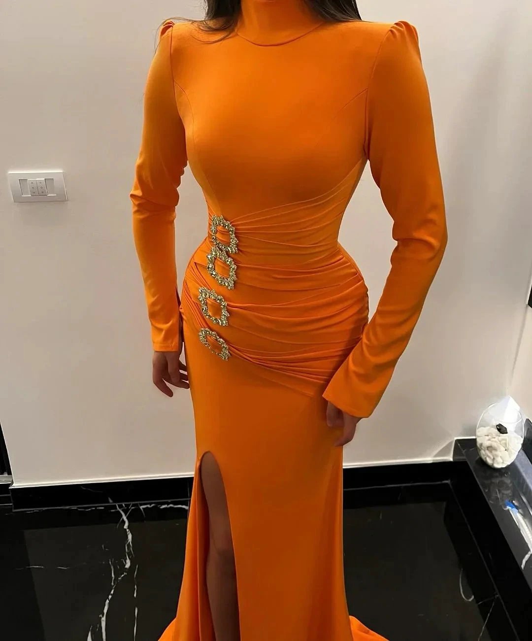 Beautiful Long Orange Mermaid High Neck Satin Long Sleeves Prom Dress With Slit by misshow.com