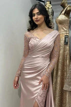 Beautiful Long Pink Mermaid Glitter Lace Split Front Prom Dresses with Long Sleeves by misshow.com
