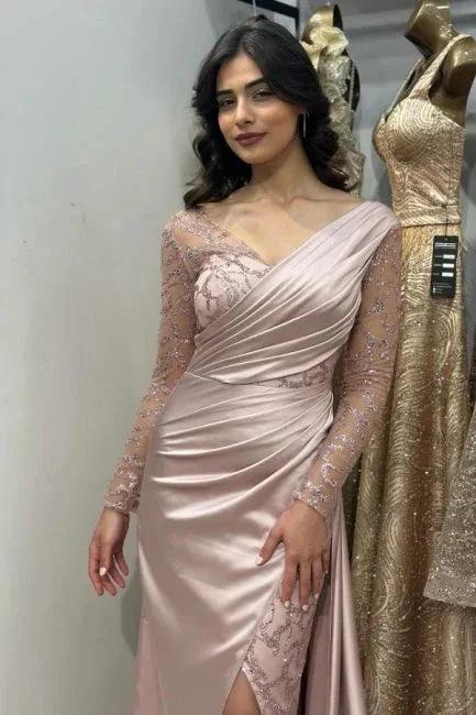 Beautiful Long Pink Mermaid Glitter Lace Split Front Prom Dresses with Long Sleeves by misshow.com