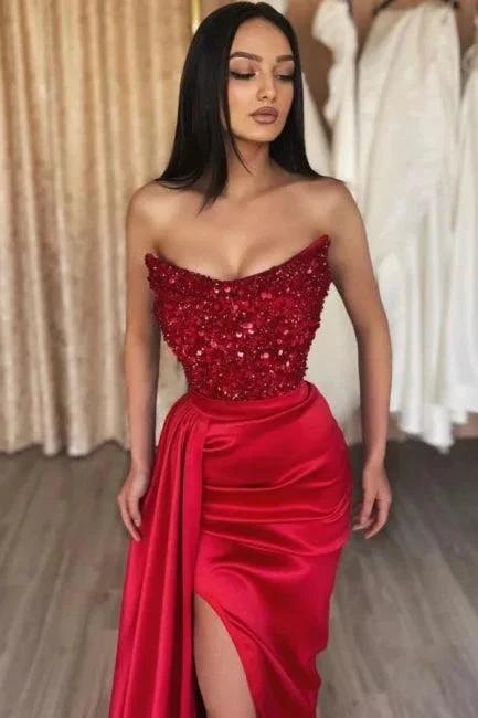 Beautiful Long Red Sequined Mermaid Satin Strapless Prom Dress with Slit by misshow.com
