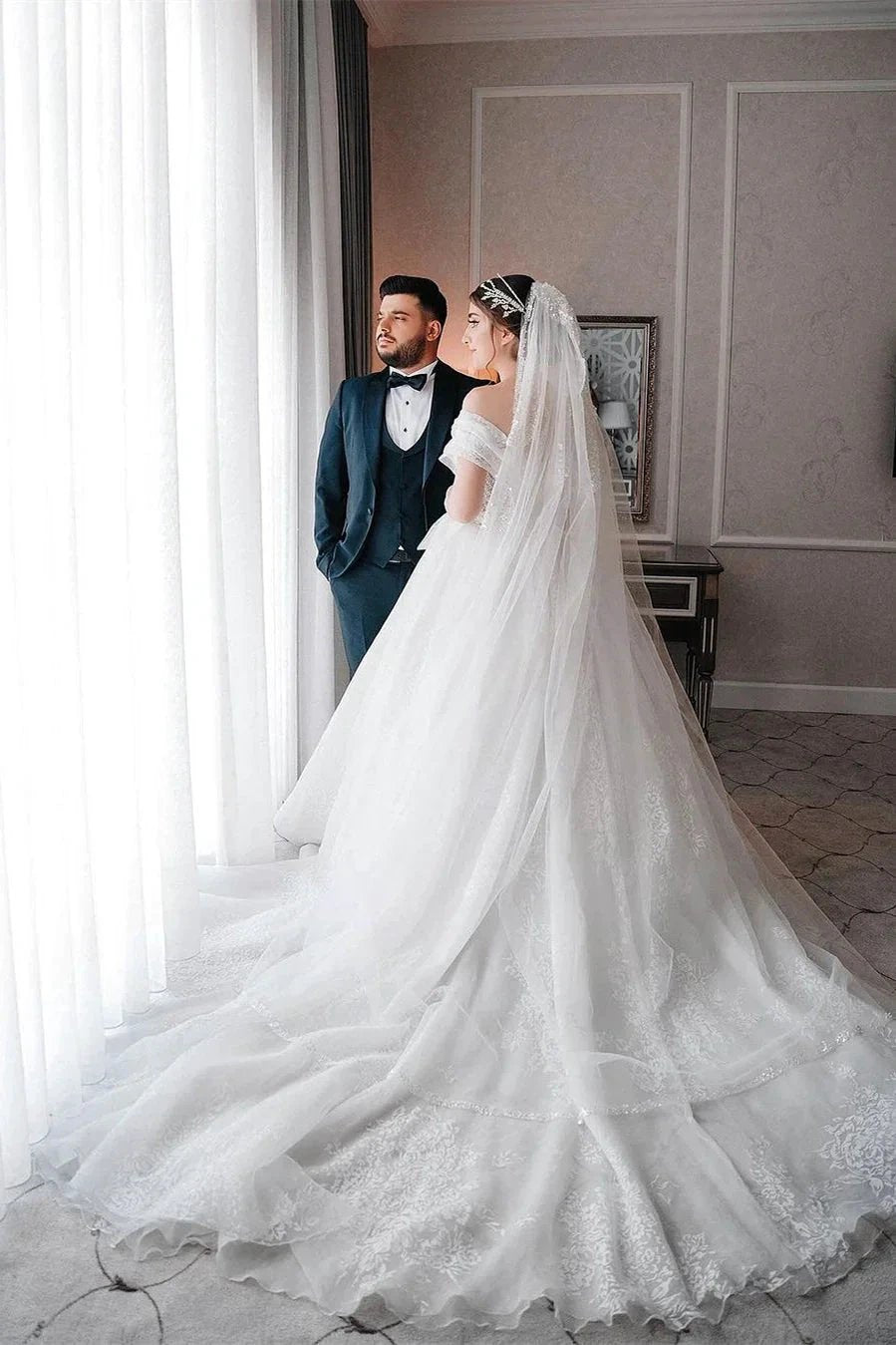 Beautiful Long White A-line Off-the-shoulder Sleeveless Wedding Dress With Lace by misshow.com