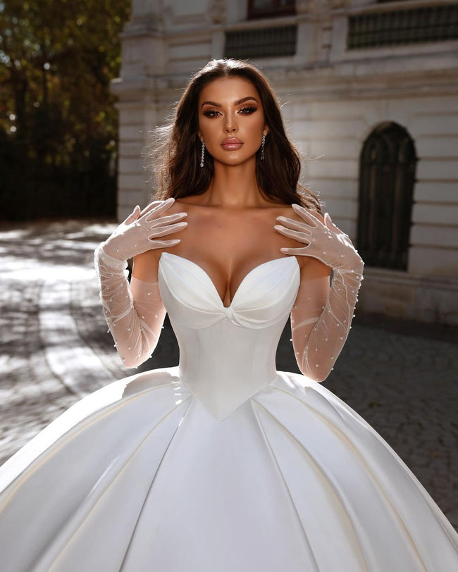 Beautiful Long White A-line Satin Sleeveless Ball Gown Wedding Dress Main Image