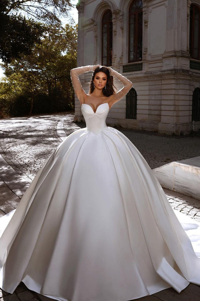 Beautiful Long White A-line Satin Sleeveless Ball Gown Wedding Dress Hover Image