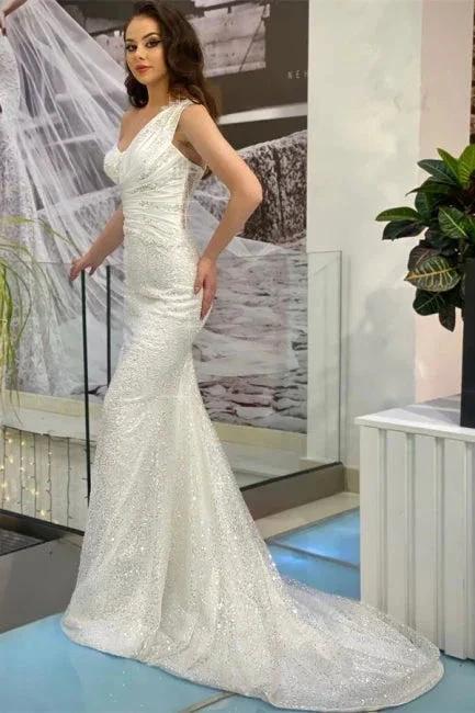 Beautiful Long White One Shoulder Sleeveless Mermaid Evening Dresses With Glitter by misshow.com