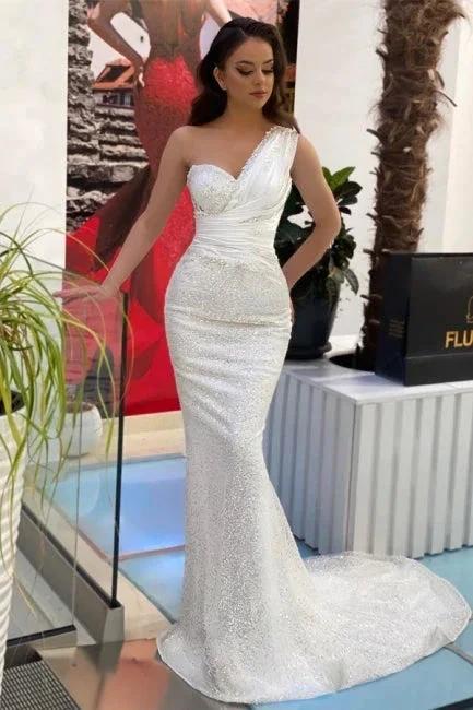 Beautiful Long White One Shoulder Sleeveless Mermaid Evening Dresses With Glitter by misshow.com