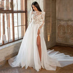Beautiful Luxury Bohemian High Fork Wedding Dresses A-Line High Neck Lace Tulle Beach Bridal Gown Long Sleeves Sweep Train New by payinti
