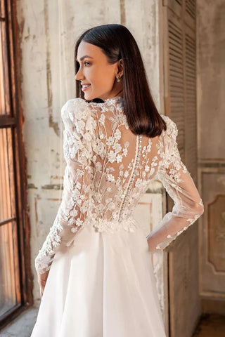 Wunderschönes Luxus-Bohemian High Fork Brautkleid A-Linie Stehkragen Spitze Tüll Strand Brautkleid Lange Ärmel Sweep Schleppe Neu