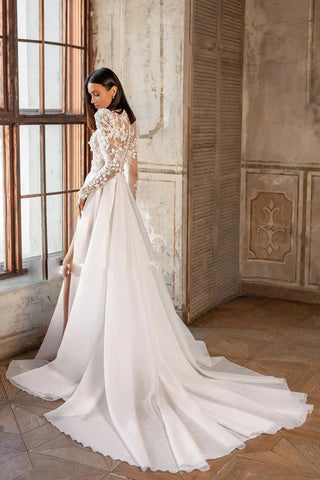 Wunderschönes Luxus-Bohemian High Fork Brautkleid A-Linie Stehkragen Spitze Tüll Strand Brautkleid Lange Ärmel Sweep Schleppe Neu