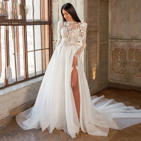 Wunderschönes Luxus-Bohemian High Fork Brautkleid A-Linie Stehkragen Spitze Tüll Strand Brautkleid Lange Ärmel Sweep Schleppe Neu