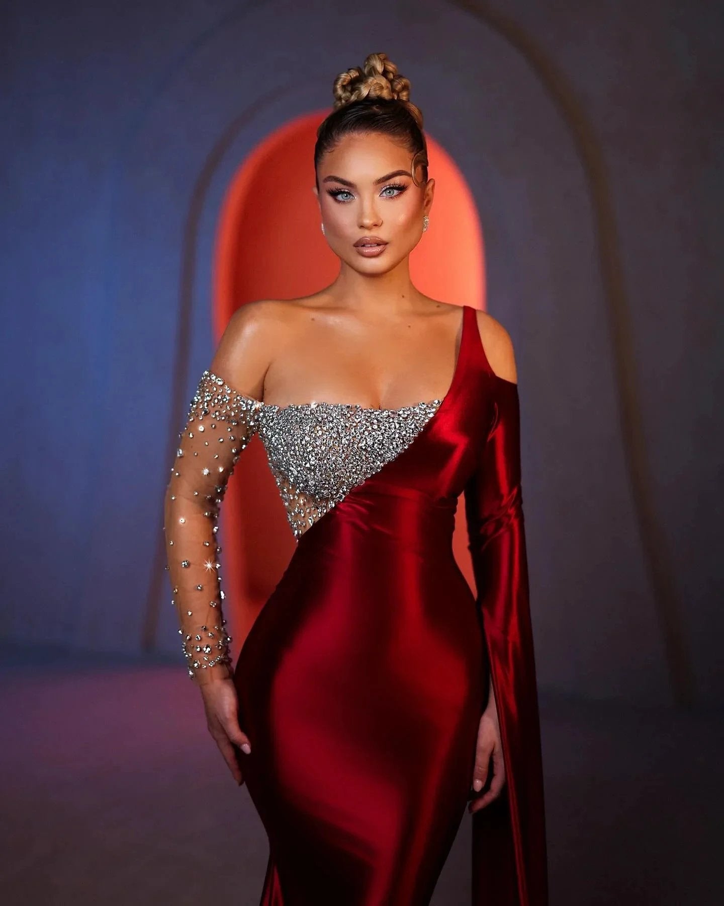Beautiful Mermaid One Shoulder Long Sleeve Rhinestone Satin Chiffon Prom Dresses by misshow.com