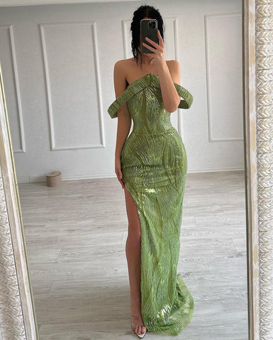 Beautiful Mermaid Sleeveless Satin Sequined Split Limegreen Prom Dress