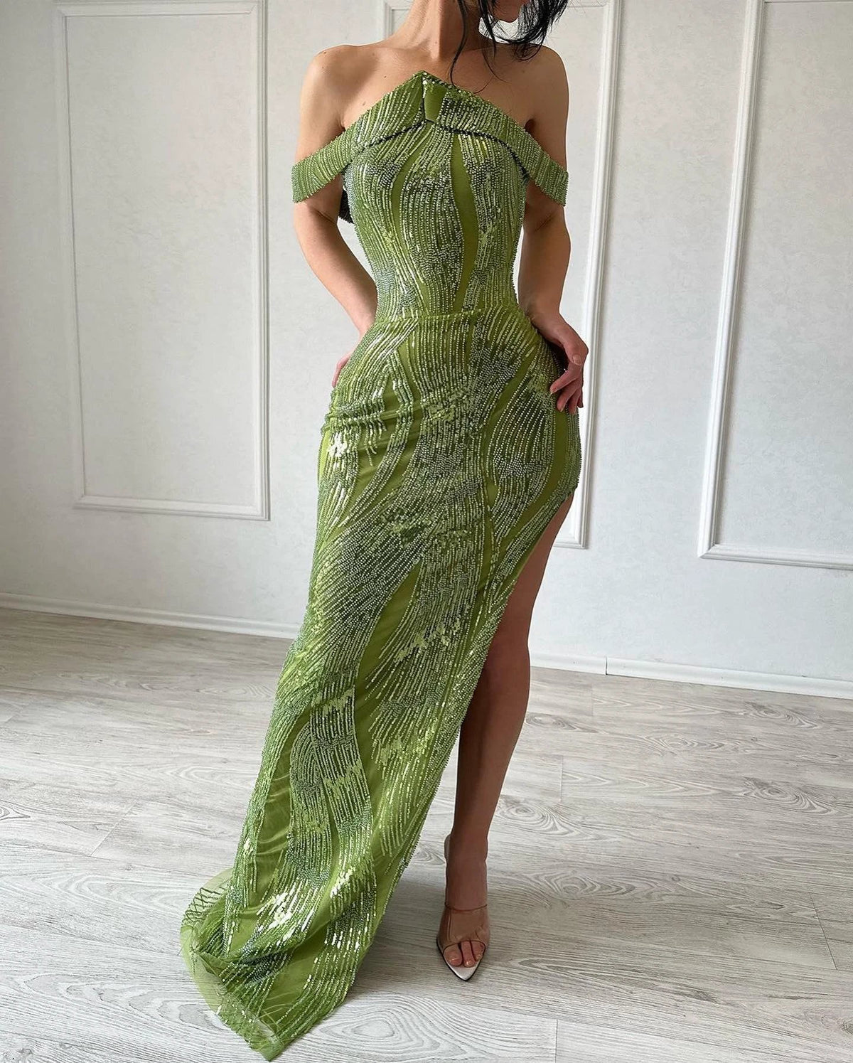 Beautiful Mermaid Sleeveless Satin Sequined Split Limegreen Prom Dress by misshow.com