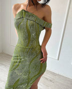 Beautiful Mermaid Sleeveless Satin Sequined Split Limegreen Prom Dress by misshow.com