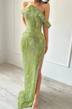 Beautiful Mermaid Sleeveless Satin Sequined Split Limegreen Prom Dress by misshow.com