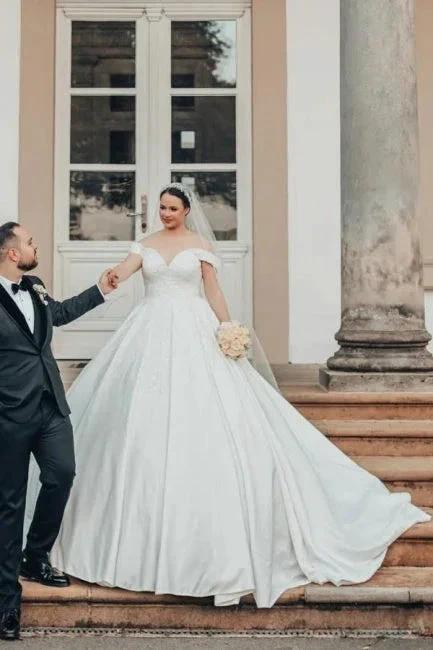 Beautiful Princess Long A-line Off-the-shoulder Lace Satin Wedding Dresses by misshow.com