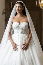 Beautiful Princess Long A-line White Strapless Wedding Dresses with Lace by misshow.com