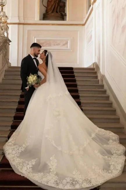 Beautiful Princess Long A-line White Strapless Wedding Dresses with Lace by misshow.com