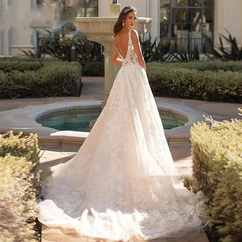 Beautiful Romantic A-line V-neck Sleeveless Sexy Backless Wedding Dresses New For Women Grace Flowers Gorgeous Bridal Gowns by payinti