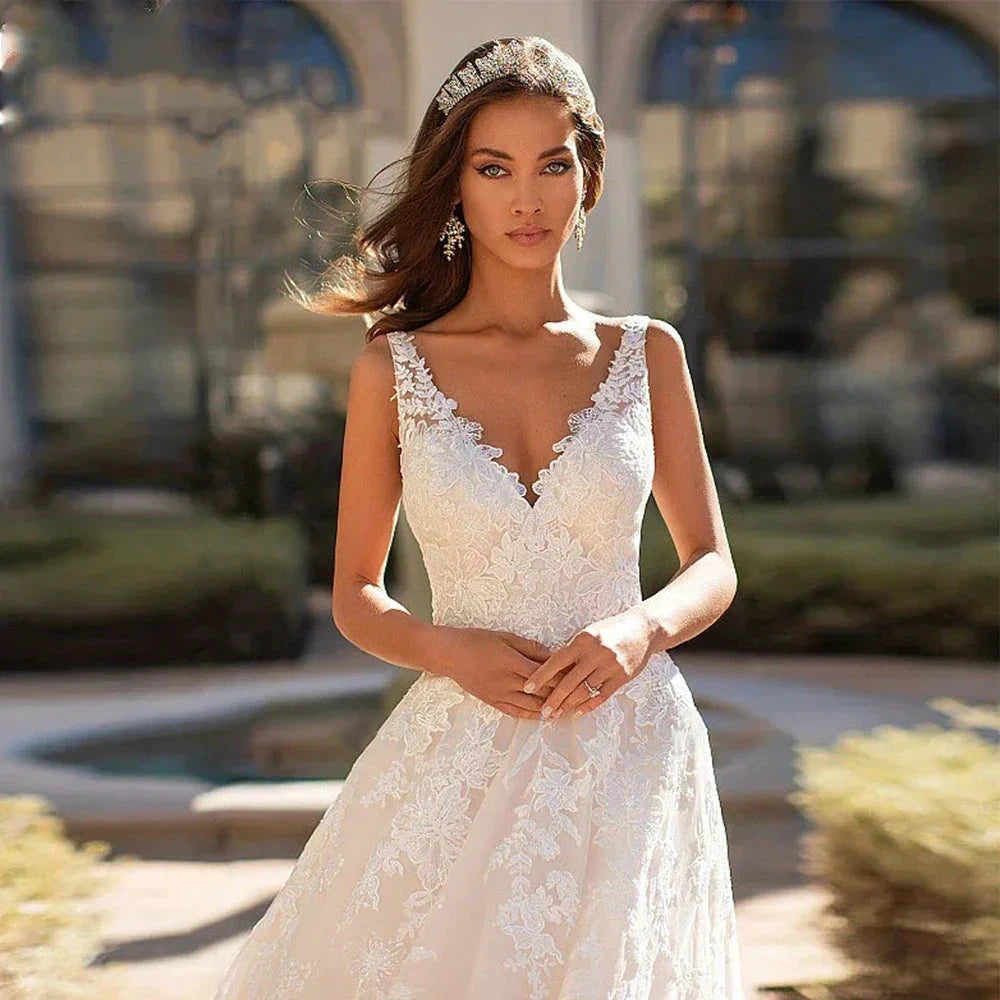 Beautiful Romantic A-line V-neck Sleeveless Sexy Backless Wedding Dresses New For Women Grace Flowers Gorgeous Bridal Gowns by payinti