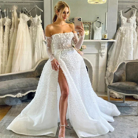 Schöne sexy langärmelige Brautkleider Spaghetti-Trägern einfache weiße rückenfreie Falte High Split Prinzessin Brautkleider 2024