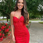 Beautiful Short Red Spaghetti Straps Lace Sleeveless Homecoming Dress by misshow.com