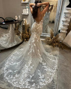 Beautiful V-neck Spaghetti Straps Mermaid Sleeveless Tulle Wedding Dress with lace by misshow.com