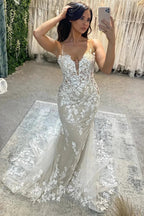 Beautiful V-neck Spaghetti Straps Mermaid Sleeveless Tulle Wedding Dress with lace by misshow.com