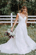 Beautiful A-line Lace Tulle V-neck Forest Wedding Dress WD687 by pgmdress
