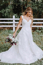 Beautiful A-line Lace Tulle V-neck Forest Wedding Dress WD687 by pgmdress