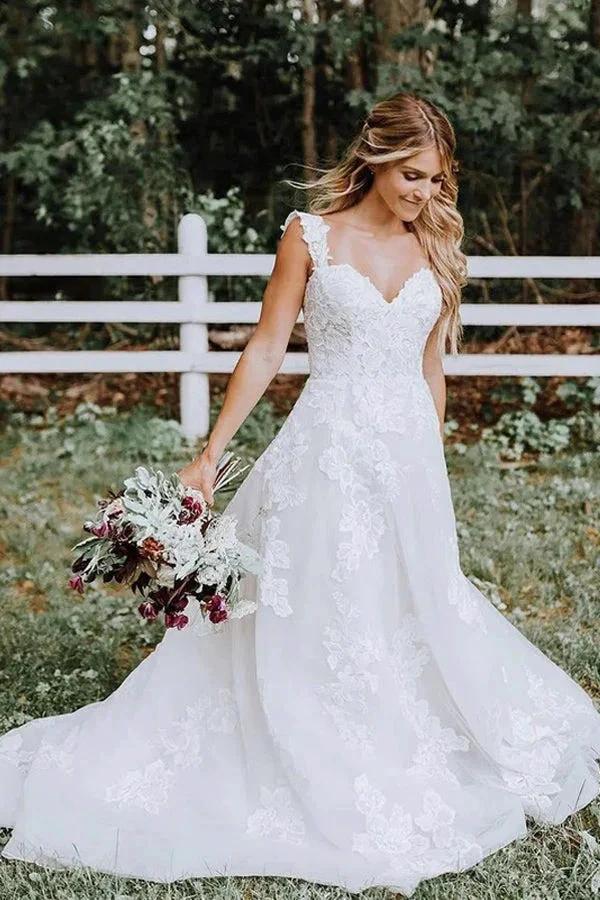 Beautiful A-line Lace Tulle V-neck Forest Wedding Dress WD687 by pgmdress