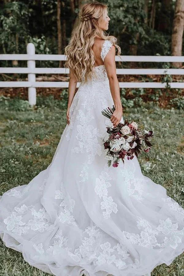 Beautiful A-line Lace Tulle V-neck Forest Wedding Dress WD687 by pgmdress