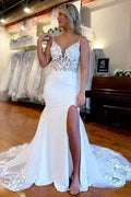 Beautiful Mermaid Satin Lace Wedding Dresses Bridal Gown With Side Slit WD630 by pgmdress