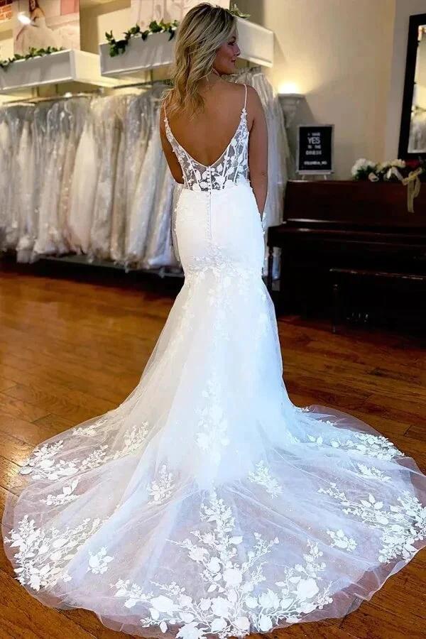 Beautiful Mermaid Satin Lace Wedding Dresses Bridal Gown With Side Slit WD630 by pgmdress