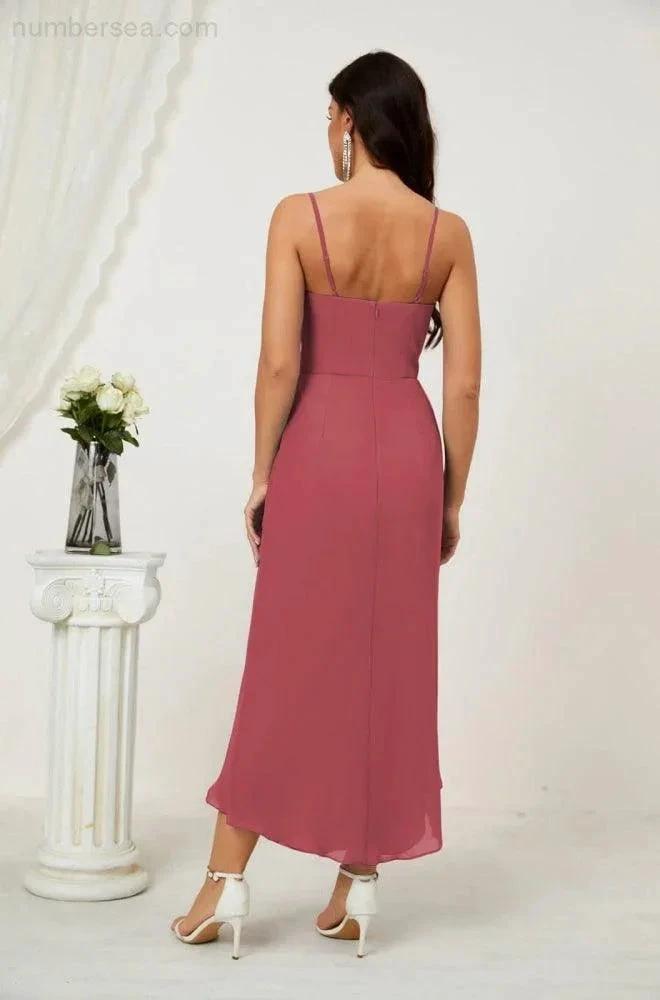 Numbersea Spaghetti Chiffon V Neck Bridesmaid Dress Mid-Length Slit Formal Prom Dress Homecoming Dress 2803 by numbersea