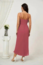 Numbersea Spaghetti Chiffon V Neck Bridesmaid Dress Mid-Length Slit Formal Prom Dress Homecoming Dress 2803 by numbersea