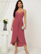Numbersea Spaghetti Chiffon V Neck Bridesmaid Dress Mid-Length Slit Formal Prom Dress Homecoming Dress 2803 by numbersea