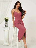 Numbersea Spaghetti Chiffon V Neck Bridesmaid Dress Mid-Length Slit Formal Prom Dress Homecoming Dress 2803 by numbersea