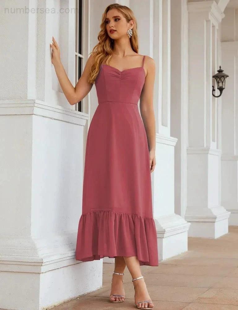 Numbersea Spaghetti Strap Chiffon Bridesmaid Dress Ankle Length Formal A Line Cocktail Party Homecoming Dress for Juniors SEA28028 by numbersea