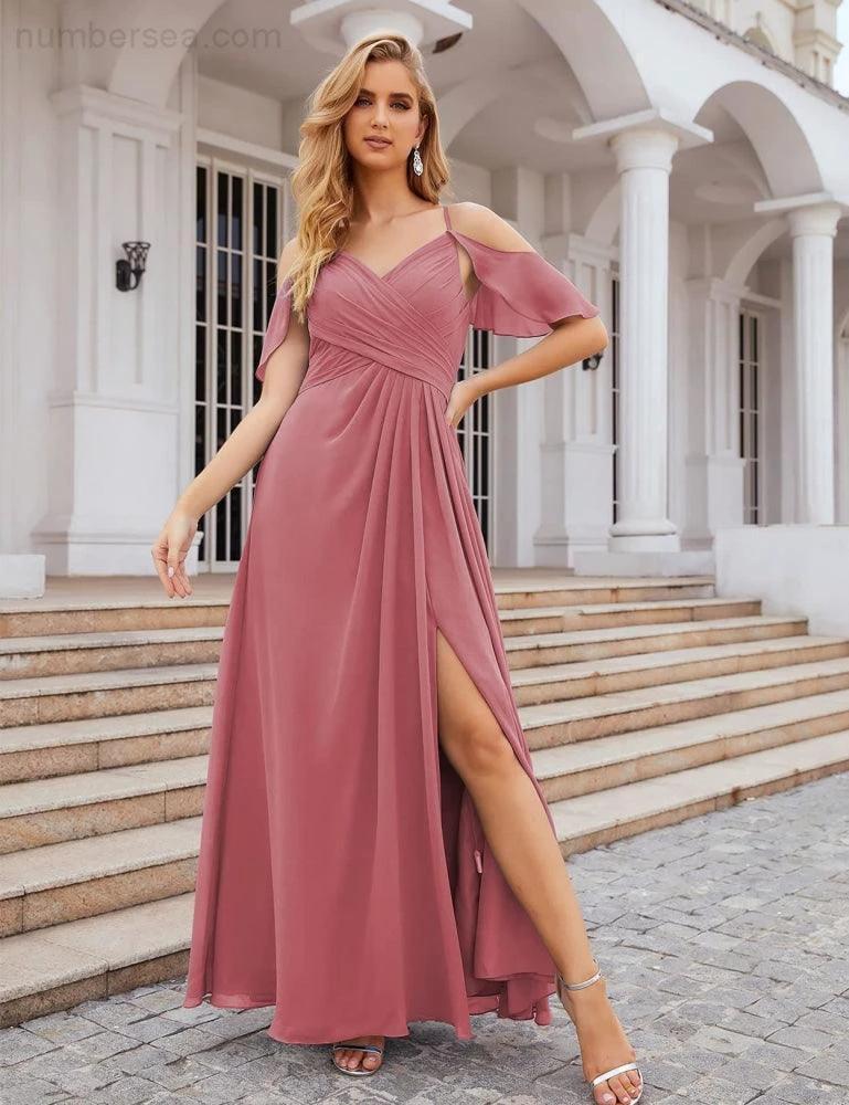 Numbersea Chiffon Cold Shoulder Long Bridesmaid Dresses Plus Size Formal Prom Gowns for Women Party Wedding SEA28070 by numbersea
