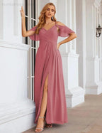Numbersea Chiffon Cold Shoulder Long Bridesmaid Dresses Plus Size Formal Prom Gowns for Women Party Wedding SEA28070 by numbersea