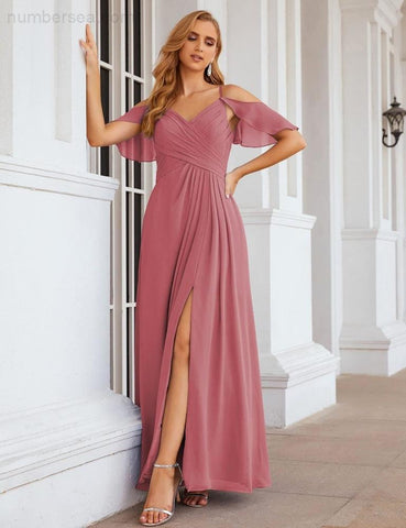 Numbersea Chiffon Cold Shoulder Long Bridesmaid Dresses Plus Size Formal Prom Gowns for Women Party Wedding  SEA28070