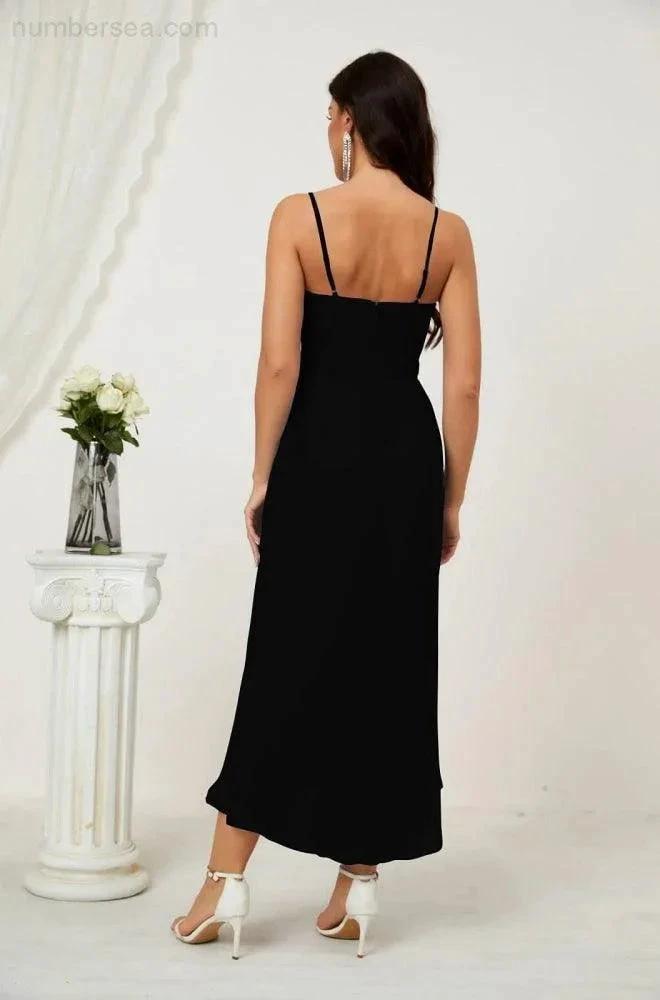 Numbersea Spaghetti Chiffon V Neck Bridesmaid Dress Mid-Length Slit Formal Prom Dress Homecoming Dress 2803 by numbersea