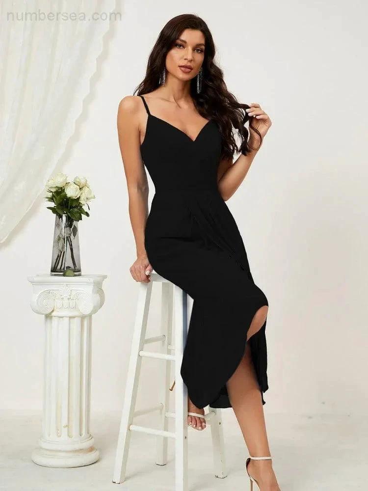 Numbersea Spaghetti Chiffon V Neck Bridesmaid Dress Mid-Length Slit Formal Prom Dress Homecoming Dress 2803 by numbersea