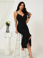 Numbersea Spaghetti Chiffon V Neck Bridesmaid Dress Mid-Length Slit Formal Prom Dress Homecoming Dress 2803 by numbersea