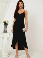 Numbersea Spaghetti Chiffon V Neck Bridesmaid Dress Mid-Length Slit Formal Prom Dress Homecoming Dress 2803 by numbersea