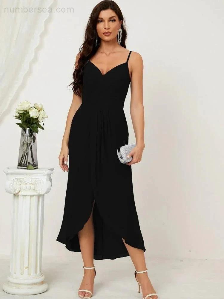 Numbersea Spaghetti Chiffon V Neck Bridesmaid Dress Mid-Length Slit Formal Prom Dress Homecoming Dress 2803 by numbersea